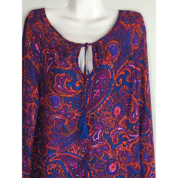 Mabel Navy Orange & Blue Paisley Tasseled Neck Tunic Top Women Large Boho NWT - Picture 3 of 10
